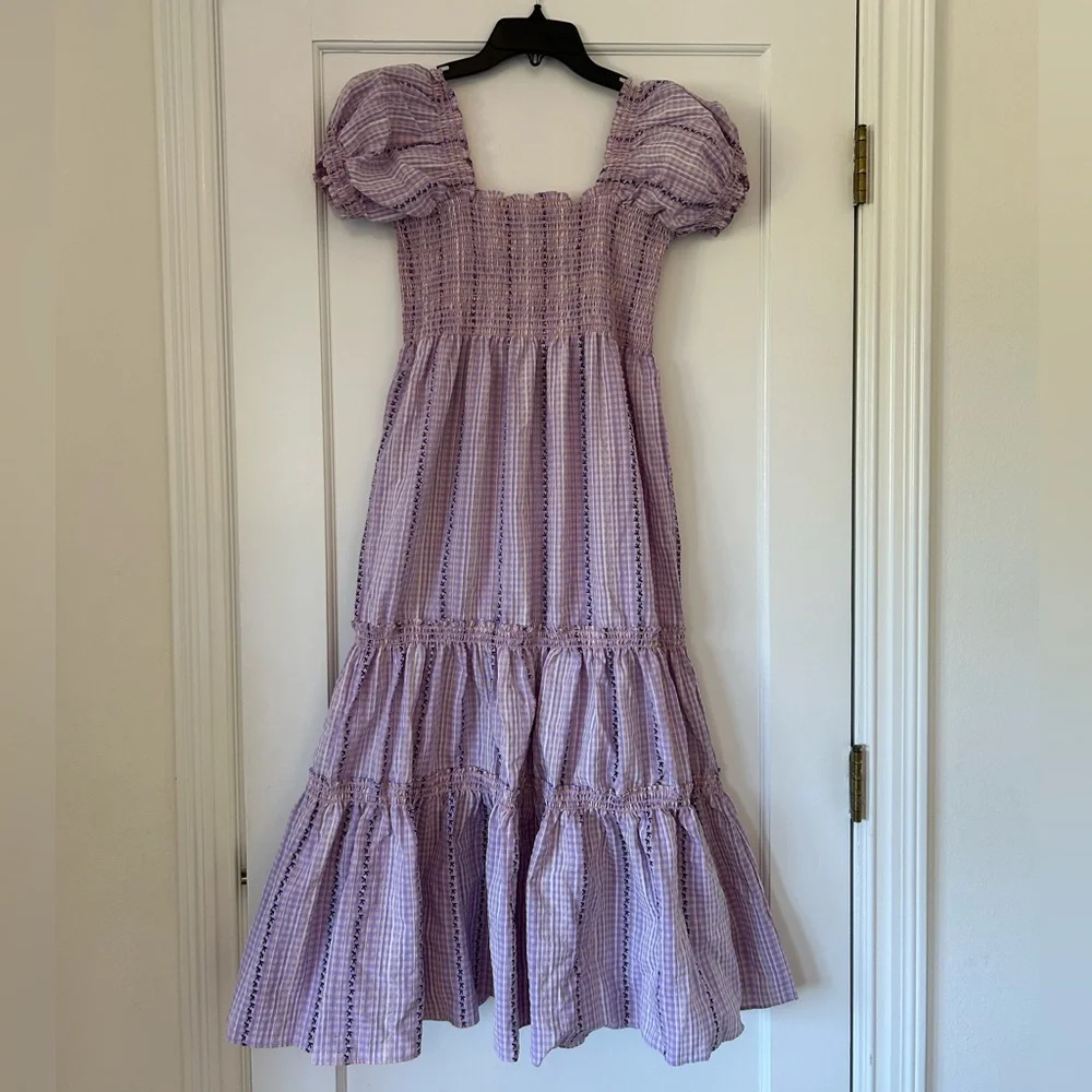 NWT O.PT. Serenette Square Neck Smocked
Gingham Midi Dress Sz M purple pink - Picture 6 of 11